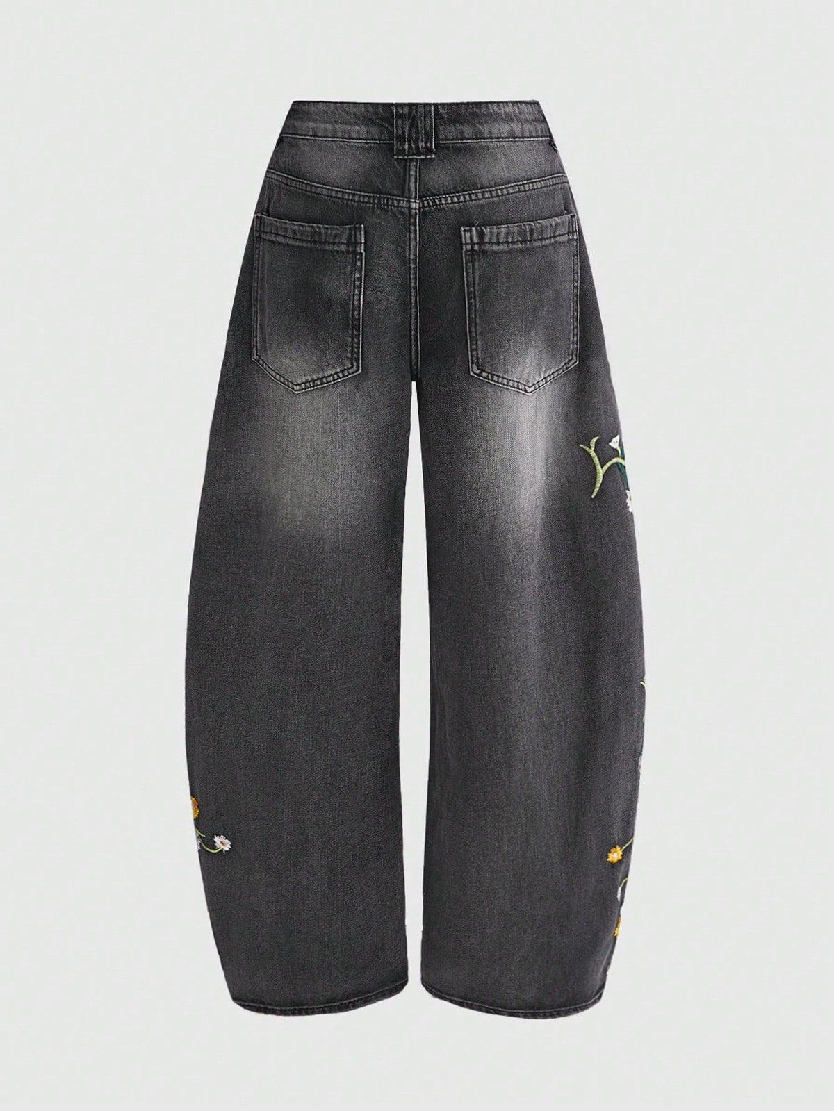 [WHOLESALE ONLY - CONTACT TO ORDER] Women's Floral Embroidered Barrel Horseshoe Jeans (Washed Black/Grey) - Catalog Display Only (Do Not Order Directly)