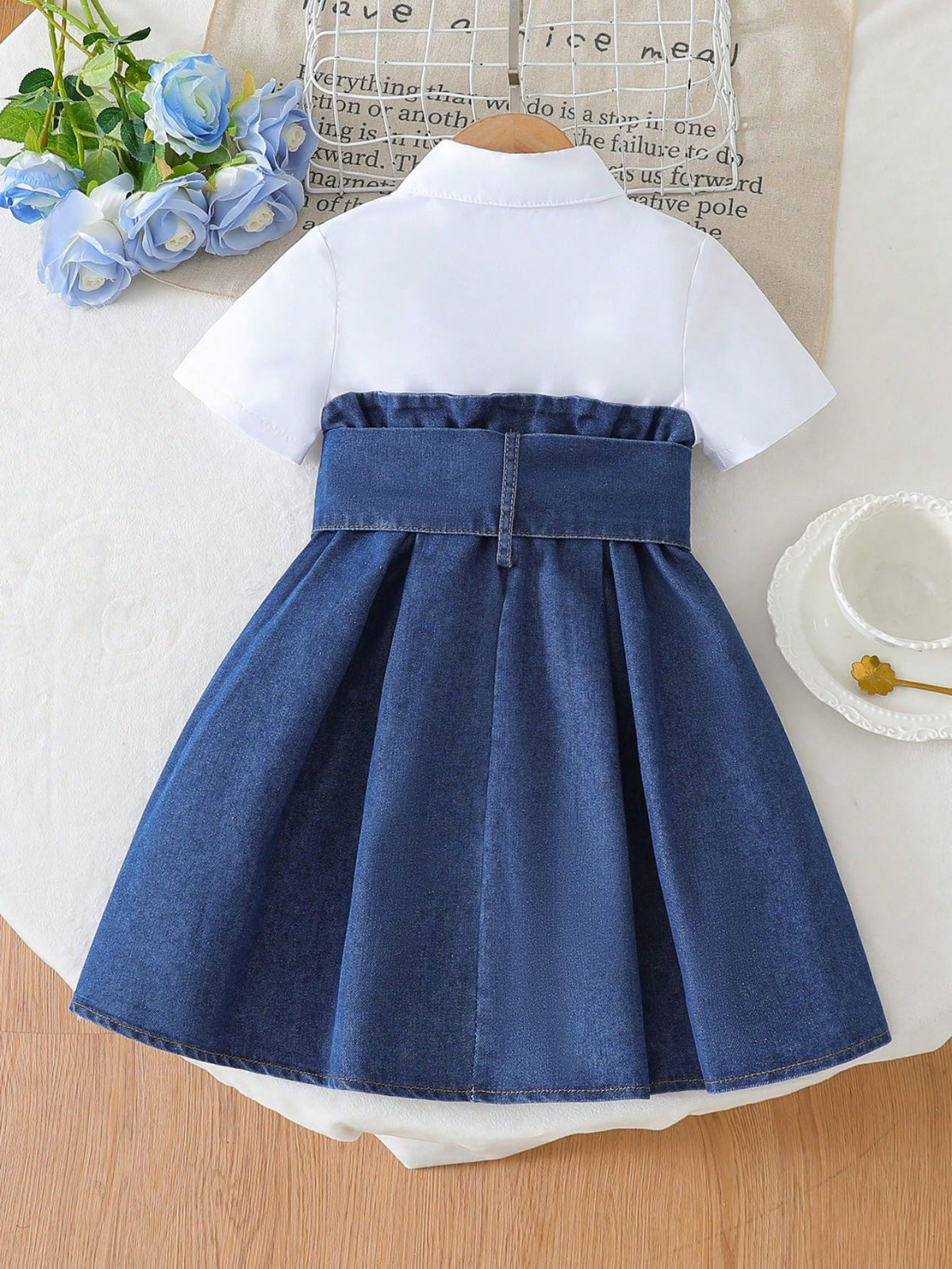 [WHOLESALE ONLY - CONTACT TO ORDER] Toddler Girls Preppy 80% Cotton 2-in-1 White Lapel Shirt and Belted Denim A-Line Dress (White & Denim Blue) [KW-184]