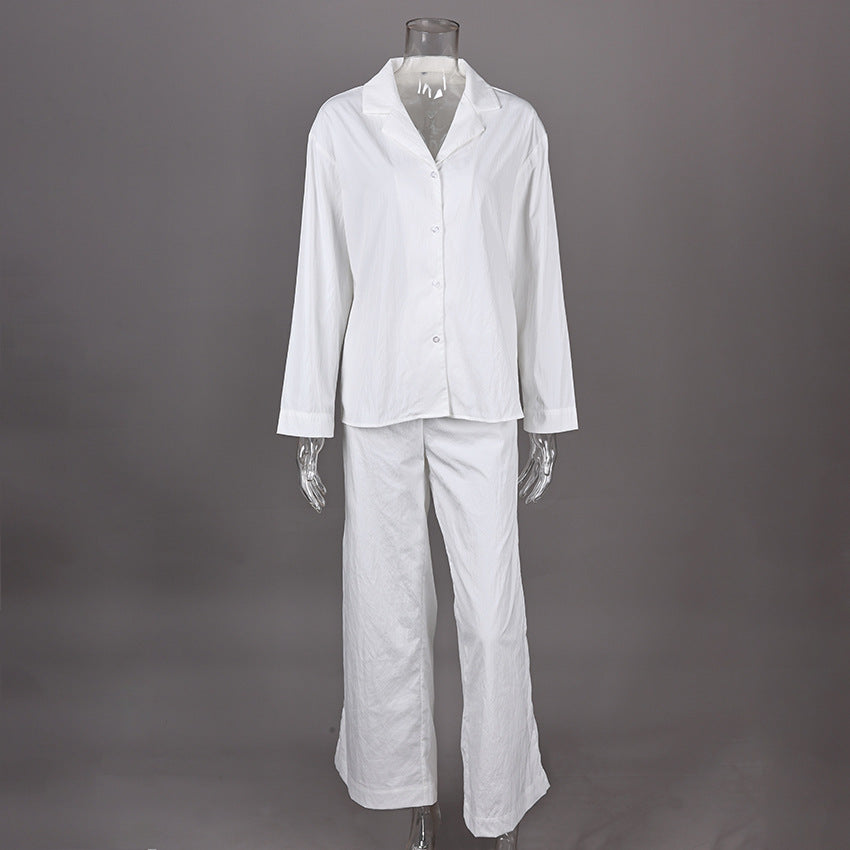 [WHOLESALE ONLY - CONTACT TO ORDER] Women's Cotton Blend 2-Piece Crinkled Ripple Textured Notch-Lapel Shirt & Wide-Leg Pants Pajama Set (Pure White) [AW-569]