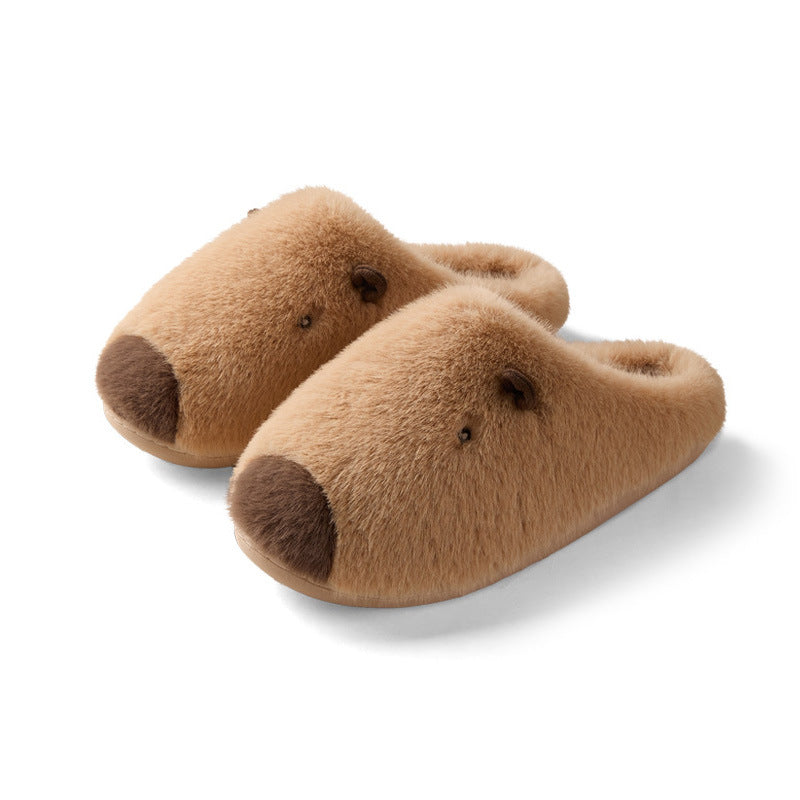 [WHOLESALE ONLY - CONTACT TO ORDER] Unisex Heavyweight Fuzzy Plush 3D Capybara Memory Foam Winter Slippers (Caramel Brown) [FM-129]