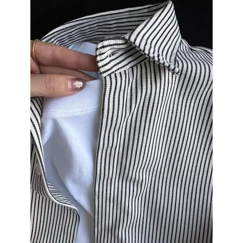 [WHOLESALE ONLY - CONTACT TO ORDER] Unisex Relaxed Fit Heavyweight 100% Cotton Twill Striped Long Sleeve Button-Up Shirt (Black Stripe / Blue Stripe) [AW-441]