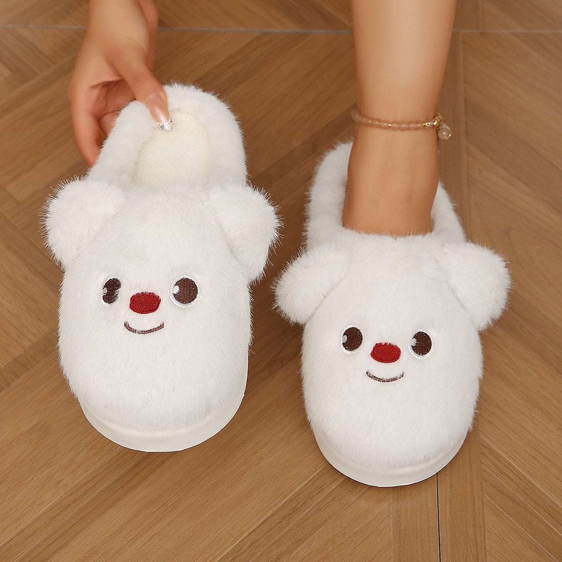 [WHOLESALE ONLY - CONTACT TO ORDER] Women's Heavyweight Fluffy Faux Fur 3D Bear Thick Platform Winter Slippers (Snow White) [FM-128]