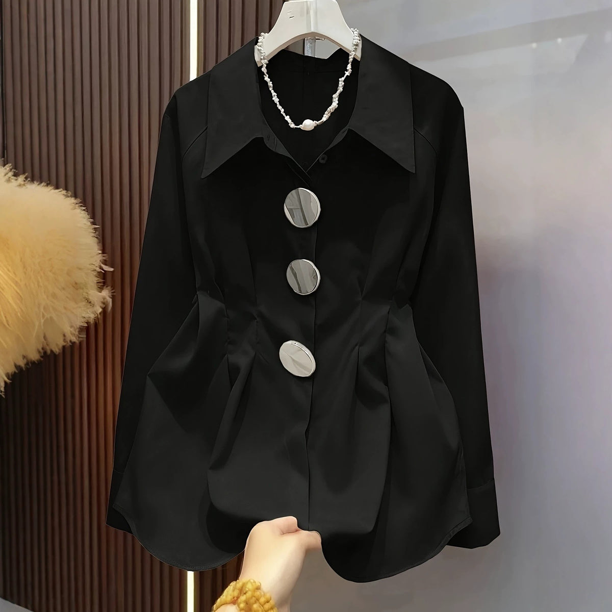 [WHOLESALE ONLY - CONTACT TO ORDER] Women's Heavyweight 75% Cotton Sculptural Big Silver Button Ruched Waist Long Sleeve Blouse (Midnight Black) [AW-355]