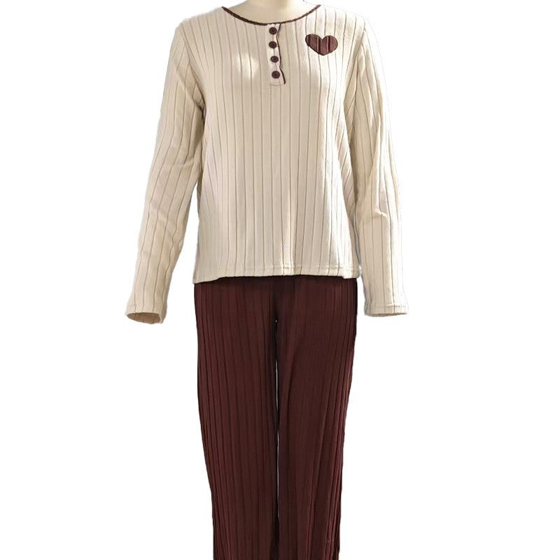 [WHOLESALE ONLY - CONTACT TO ORDER] Women's Ribbed Knit Long Sleeve Henley Top & Jogger Pants 2-Piece Pajama Set with Heart Patch (Cream White / Wine Red) [AW-351]