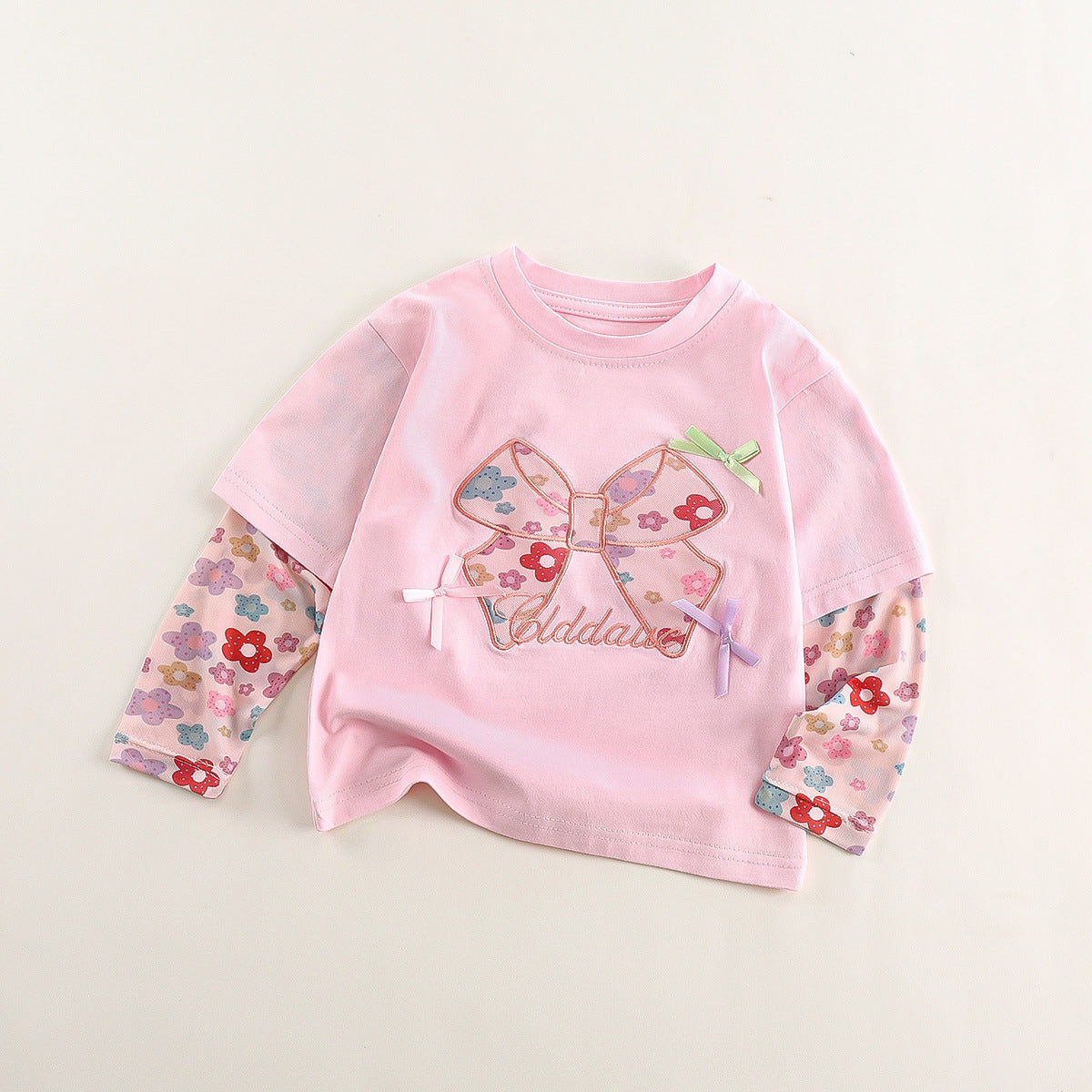 [WHOLESALE ONLY - CONTACT TO ORDER] Toddler & Girls Sweet 100% Combed Cotton Layered-Look Long Sleeve T-Shirt with 3D Ribbon Floral Bow (Pastel Pink) [KW-192]