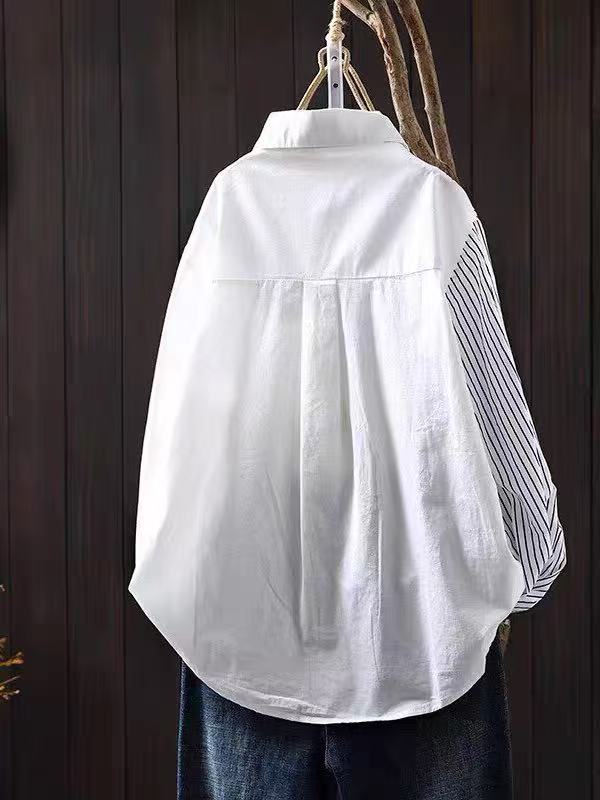 [WHOLESALE ONLY - CONTACT TO ORDER] Unisex Heavyweight 100% Cotton Asymmetric Striped Patchwork Floral Embroidered Oversized Shirt (White / Stripe) [AW-356]