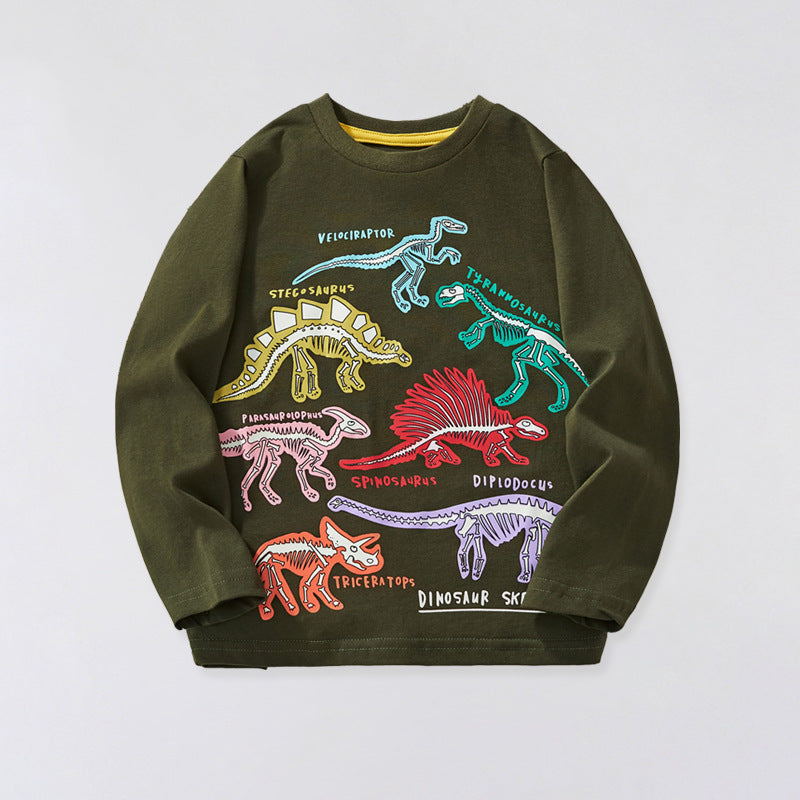 [WHOLESALE ONLY - CONTACT TO ORDER] Boys 100% Combed Cotton Glow-in-the-Dark Dinosaur Skeleton Long Sleeve T-Shirt (Army Green) [KW-236]