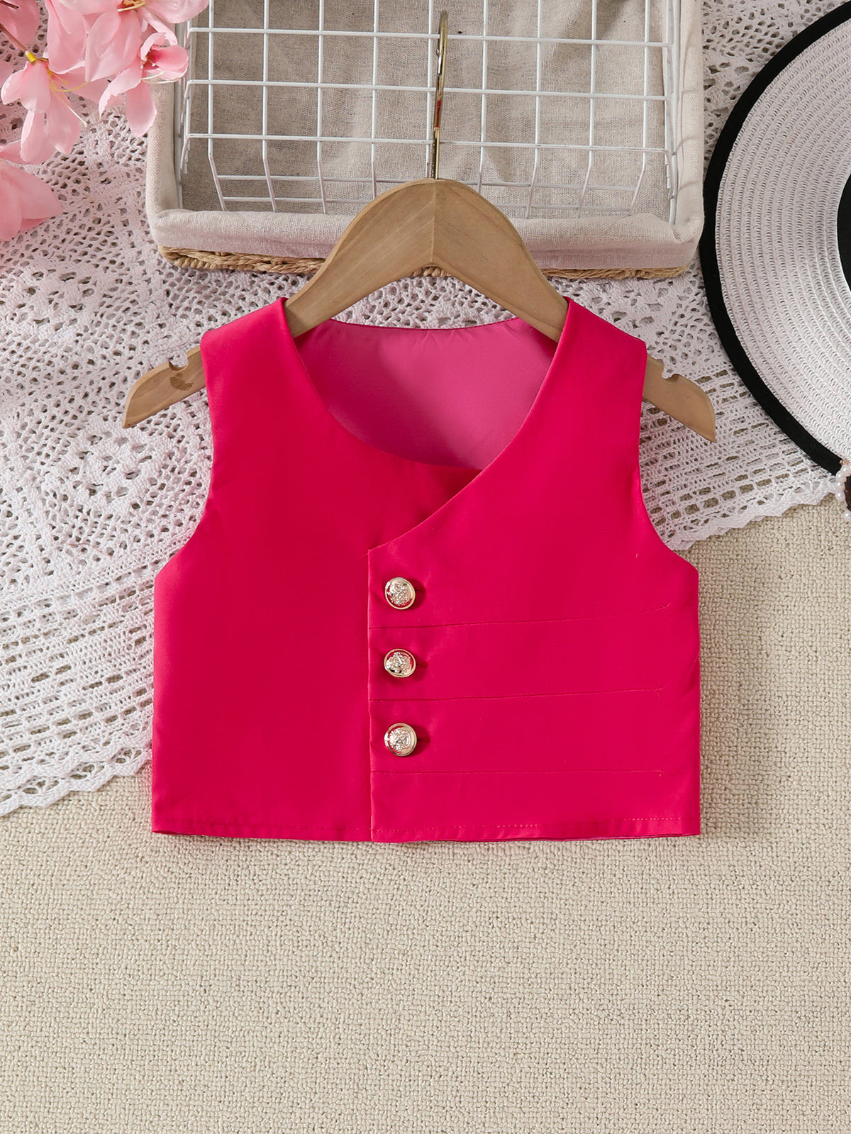 [WHOLESALE ONLY - CONTACT TO ORDER] Toddler & Girls Chic Asymmetrical Button-Front Vest & Pleated Skirt 2-Piece Suit Set (Hot Pink) [KW-198]