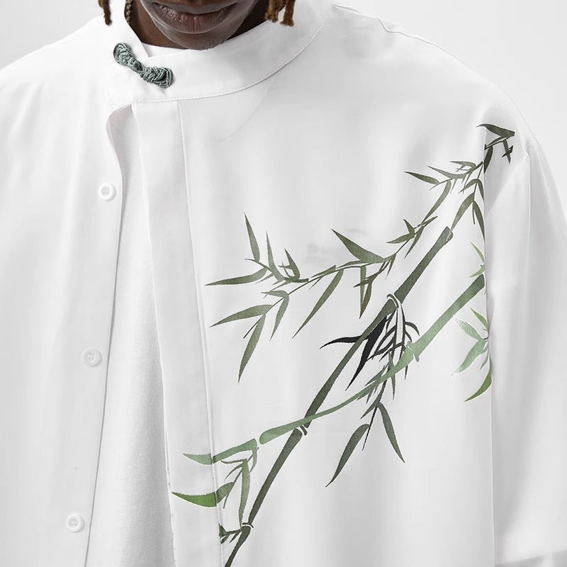 [WHOLESALE ONLY - CONTACT TO ORDER] Men's Mandarin Collar Draped Cotton Blend Long Sleeve Shirt with Bamboo Artwork & Jade Frog Button (White) [AW-445]