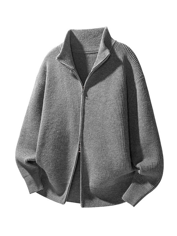 [WHOLESALE ONLY - CONTACT TO ORDER] Unisex Relaxed Fit Heavyweight Chunky Rib-Knit Mock Neck Two-Way Zip Cardigan Jacket (Medium Grey) [AW-297]