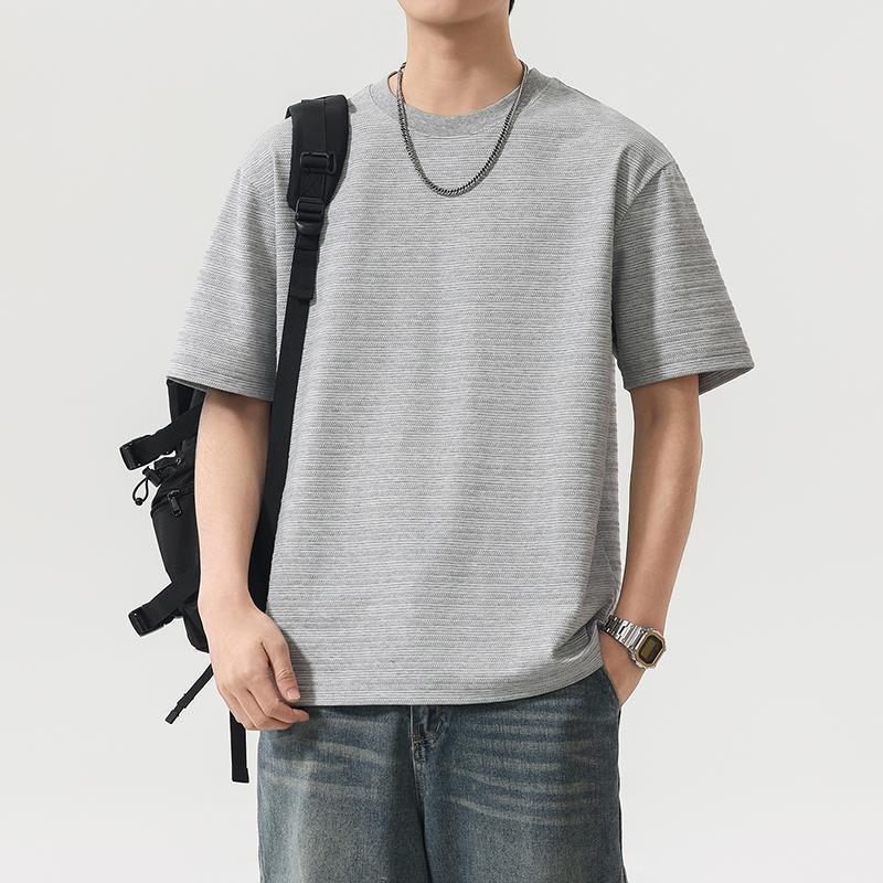 [WHOLESALE ONLY - CONTACT TO ORDER] Men's Heavyweight 100% Textured Cotton Oversized Drop-Shoulder T-Shirt with Mini Ribbed Jacquard (Heather Grey) [AW-466]