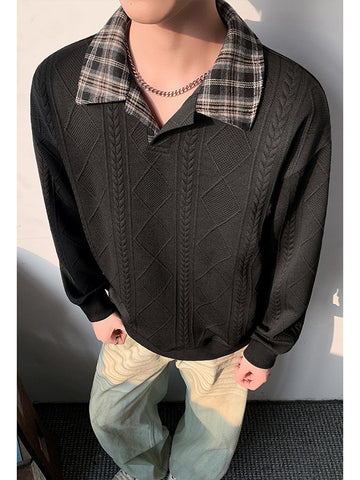 [WHOLESALE ONLY - CONTACT TO ORDER] Men's Heavyweight 75% Cotton Cable Jacquard Textured Plaid Collar Polo Sweatshirt (Washed Solid Black) [AW-425]