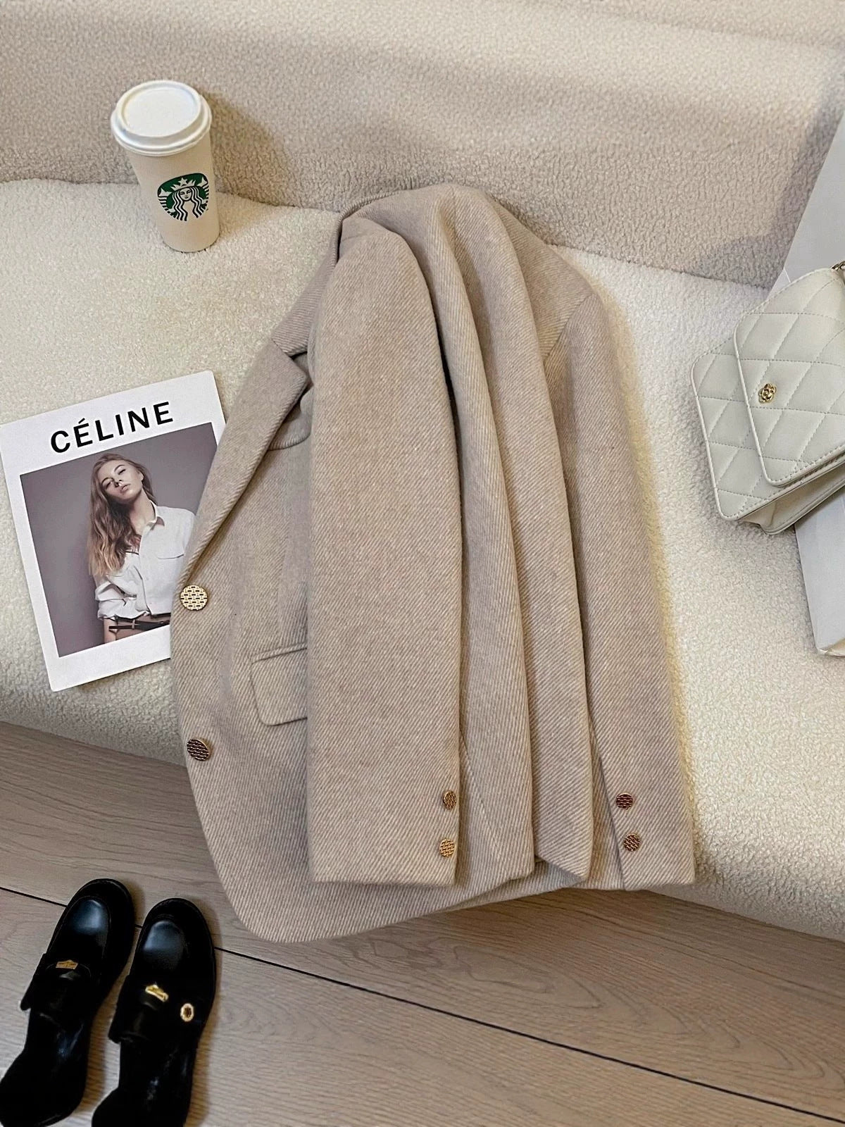 [WHOLESALE ONLY - CONTACT TO ORDER] Women's Korean Old Money Herringbone Tweed Wool Blend Tailored Blazer Jacket (Light Oatmeal Melange) [AW-318]