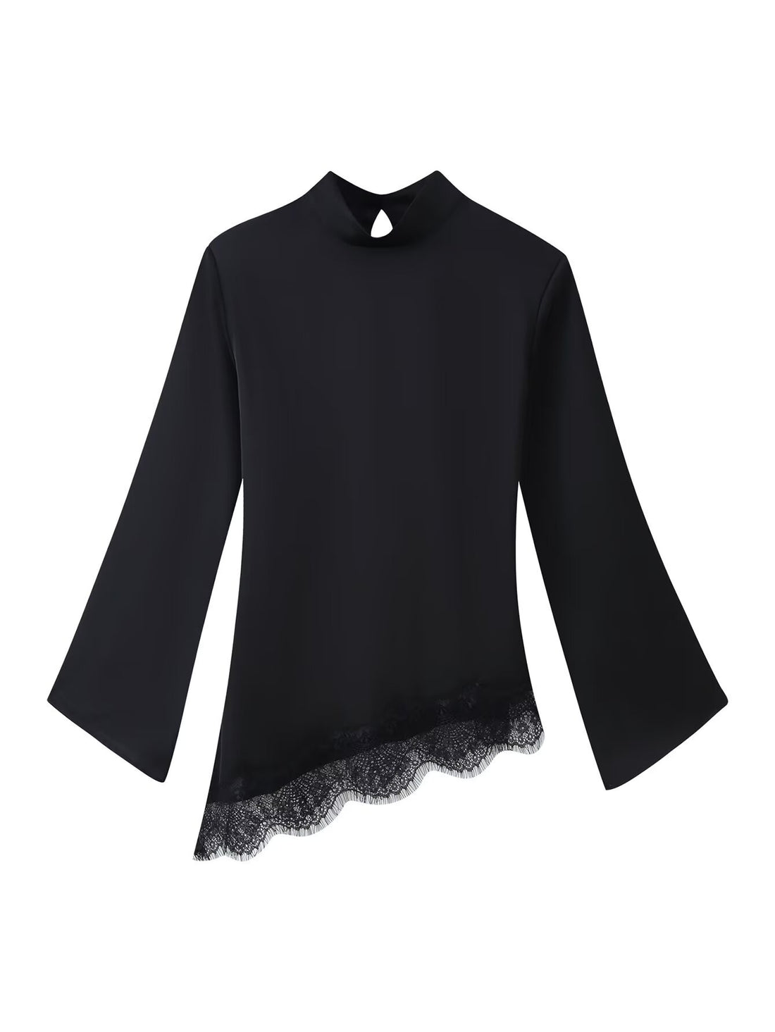 [WHOLESALE ONLY - CONTACT TO ORDER] Women's Cotton Blend Mock Neck Asymmetrical Eyelash Lace Trim Blouse with Flared Bell Sleeves (Noir Black) [AW-471]