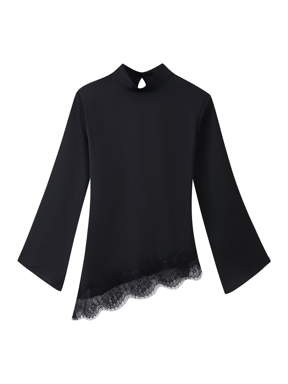 [WHOLESALE ONLY - CONTACT TO ORDER] Women's Cotton Blend Mock Neck Asymmetrical Eyelash Lace Trim Blouse with Flared Bell Sleeves (Noir Black) [AW-471]