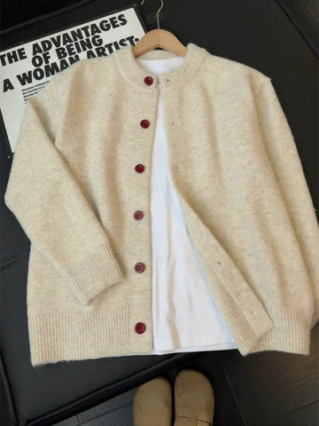 [WHOLESALE ONLY - CONTACT TO ORDER] Unisex Cotton Blend Brushed Knit Crewneck Cardigan Sweater with Contrast Burgundy Buttons (Oatmeal Heather) [AW-489]