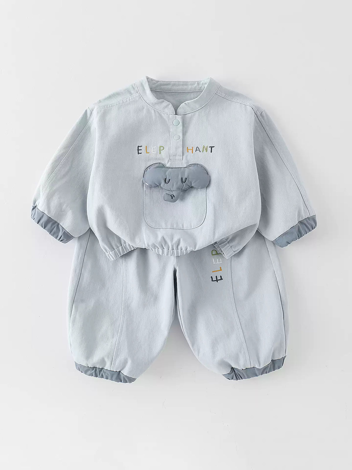 [WHOLESALE ONLY - CONTACT TO ORDER] Toddler Boys Lightweight Cotton Twill Windbreaker Pullover & Balloon Jogger Pants Set - 3D Padded Elephant Pocket Tracksuit [KW-157]