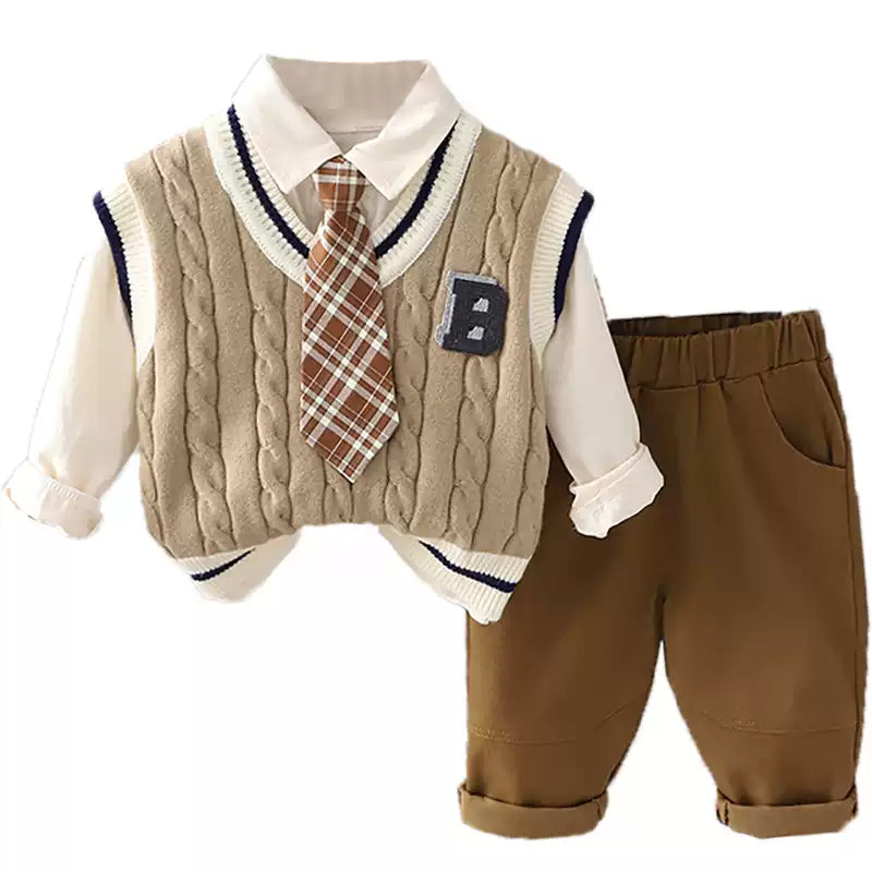 [WHOLESALE ONLY - CONTACT TO ORDER] Toddler Boys 3-Piece Gentleman Outfit Set - Cable Knit Sweater Vest, Long Sleeve Collared Shirt with Plaid Tie & Elastic Waist Chino Pants[KW-102]