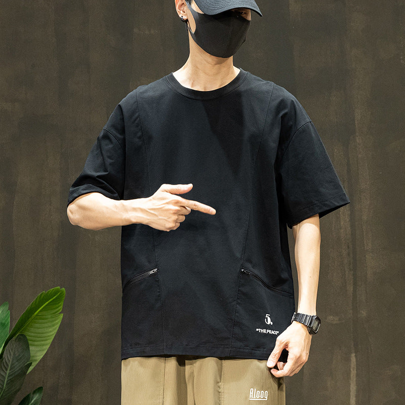 [WHOLESALE ONLY - CONTACT TO ORDER] Men's Techwear Gorpcore Quick-Dry Drop-Shoulder T-Shirt with Dual Zipper Pockets (Obsidian Jet Black) [AW-326]