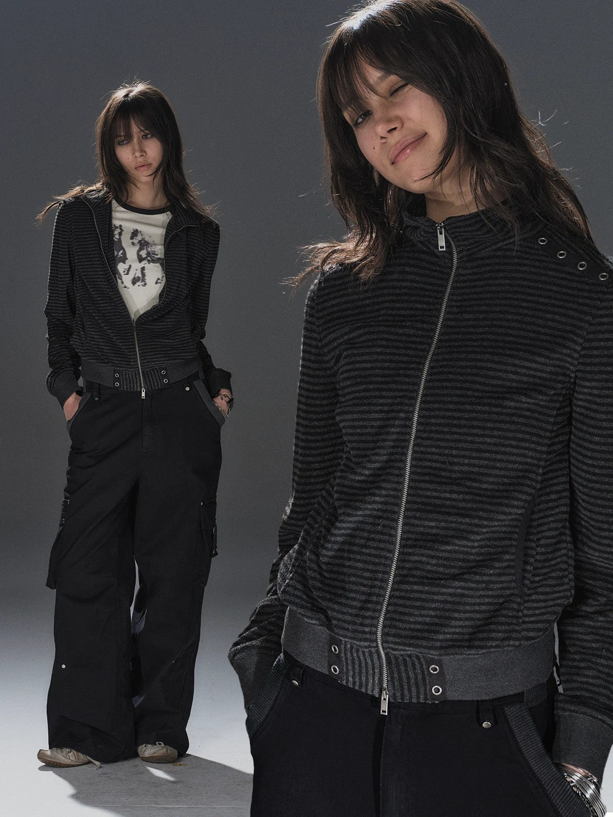[WHOLESALE ONLY - CONTACT TO ORDER] Women's Heavyweight Cotton Blend Y2K Grunge Striped Cropped Two-Way Zip Knit Jacket (Charcoal Stripe) [AW-507]