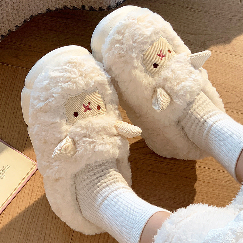 [WHOLESALE ONLY - CONTACT TO ORDER] Women's 3D Fuzzy Lamb Fleece Slippers with Waterproof Platform EVA Sole (Cream White) [FM-123]