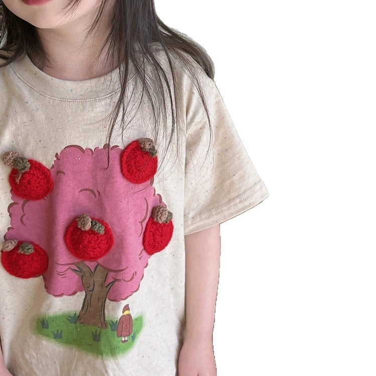 [WHOLESALE ONLY - CONTACT TO ORDER] Toddler Girls Relaxed Fit 95% Cotton 3D Crochet Apple Graphic T-Shirt and Wide-Leg Culotte Pants Set (Oatmeal & Hot Pink) [KW-174]