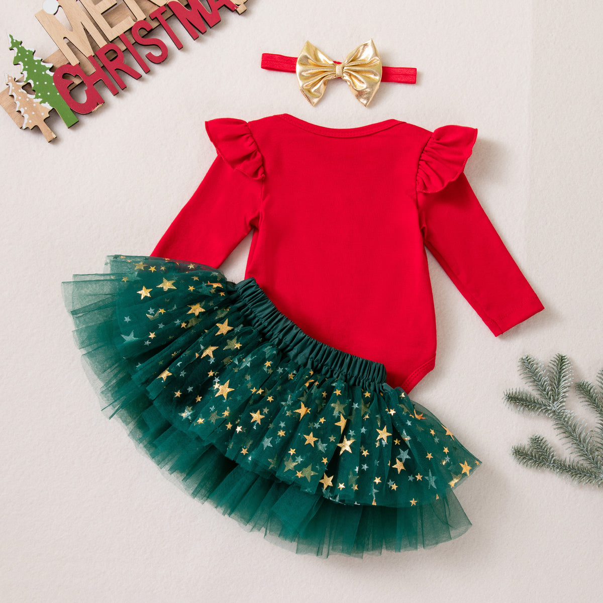 [WHOLESALE ONLY - CONTACT TO ORDER] Baby Girls 95% Combed Cotton Ruffle Long Sleeve "My 1st Christmas" Bodysuit & Gold Star Tulle Tutu Skirt 3-Piece Set with Headband (Festive Red & Green) [KW-227]