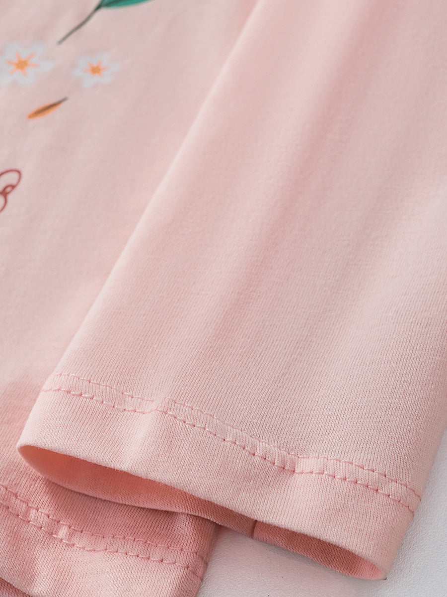 [WHOLESALE ONLY - CONTACT TO ORDER] Toddler & Girls 100% Combed Cotton Floral Bunny Long Sleeve T-Shirt (Pastel Pink) [KW-232]
