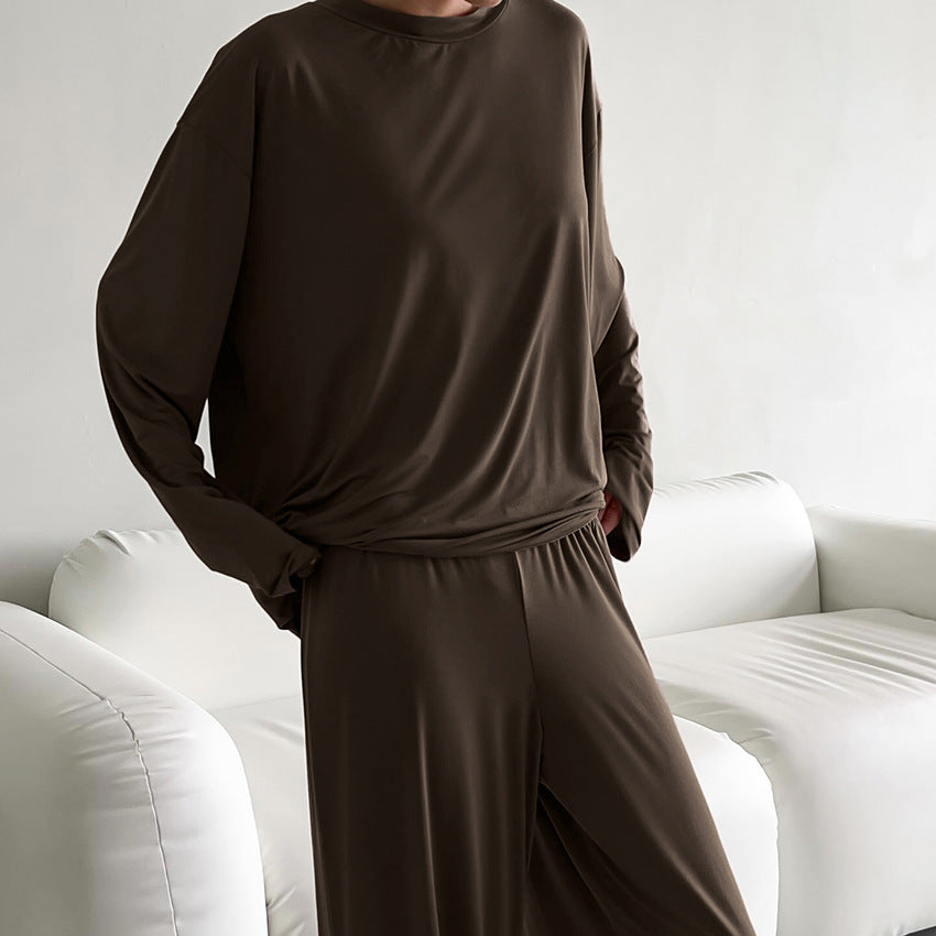 [WHOLESALE ONLY - CONTACT TO ORDER] Women's Cotton Blend 2-Piece Ultra-Soft Crewneck Top & Wide-Leg Pants Lounge Set (Espresso Brown) [AW-543]