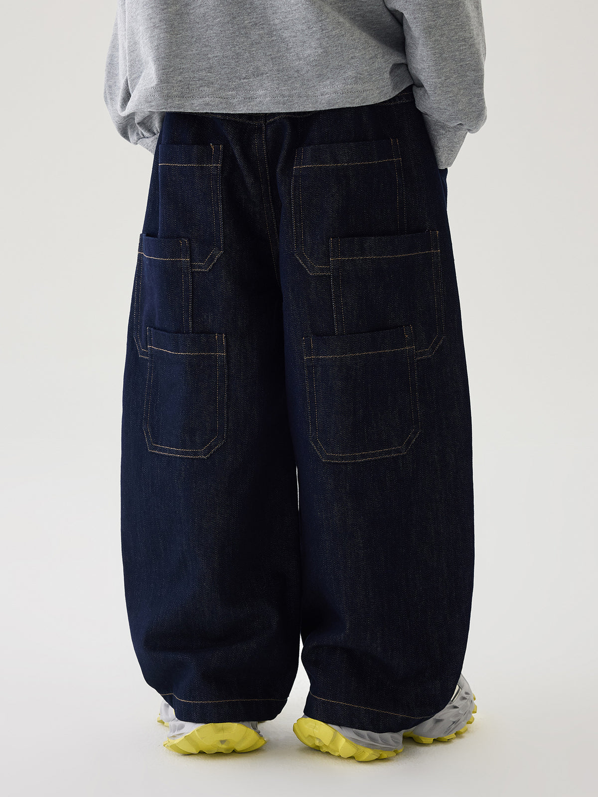 [WHOLESALE ONLY - CONTACT TO ORDER] Kids Unisex Raw Indigo Barrel Balloon Fit 100% Cotton Denim Jeans with Doodle Embroidery (Deep Indigo) [KW-193]