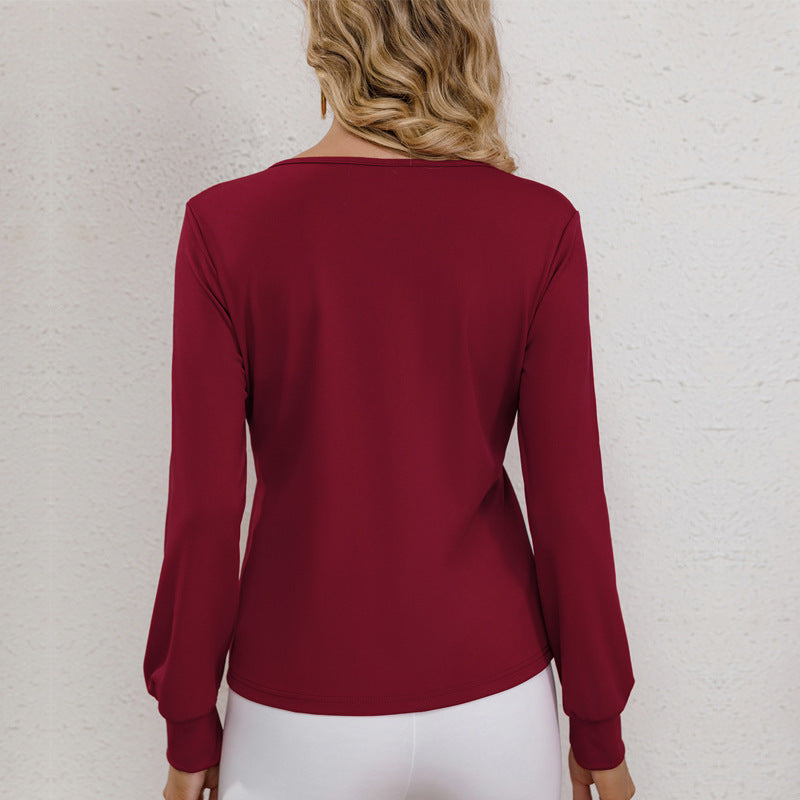 [WHOLESALE ONLY - CONTACT TO ORDER] Women's Elegant V-Neck Long Sleeve Top with Cuffed Sleeves (Burgundy) - Catalog Display Only (Do Not Order Directly)