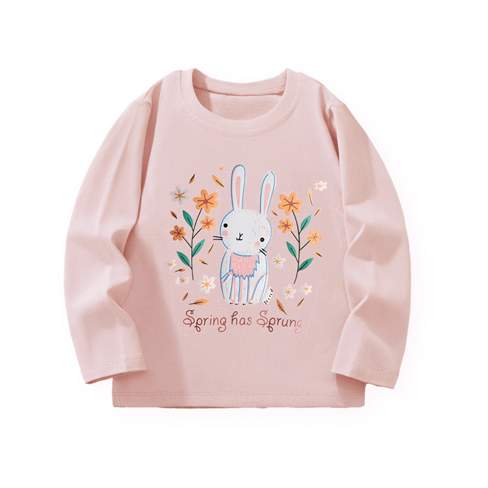 [WHOLESALE ONLY - CONTACT TO ORDER] Toddler & Girls 100% Combed Cotton Floral Bunny Long Sleeve T-Shirt (Pastel Pink) [KW-232]