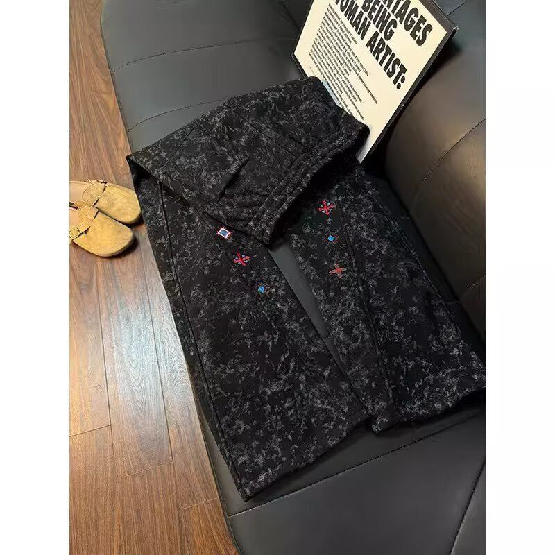 Men’s Flared Sweatpants, Streetwear Style, Tie-Dye Embroidery, Curved Leg Joggers, Spring Casual Pants[NA-017]
