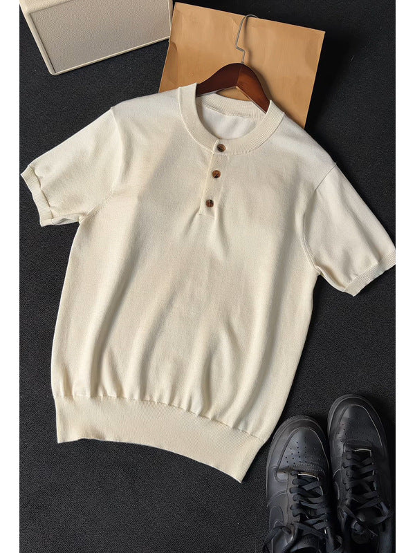[WHOLESALE ONLY - CONTACT TO ORDER] Unisex Heavyweight 70% Cotton Short Sleeve Ribbed Henley Knit Sweater (Oatmeal Cream) [AW-375]