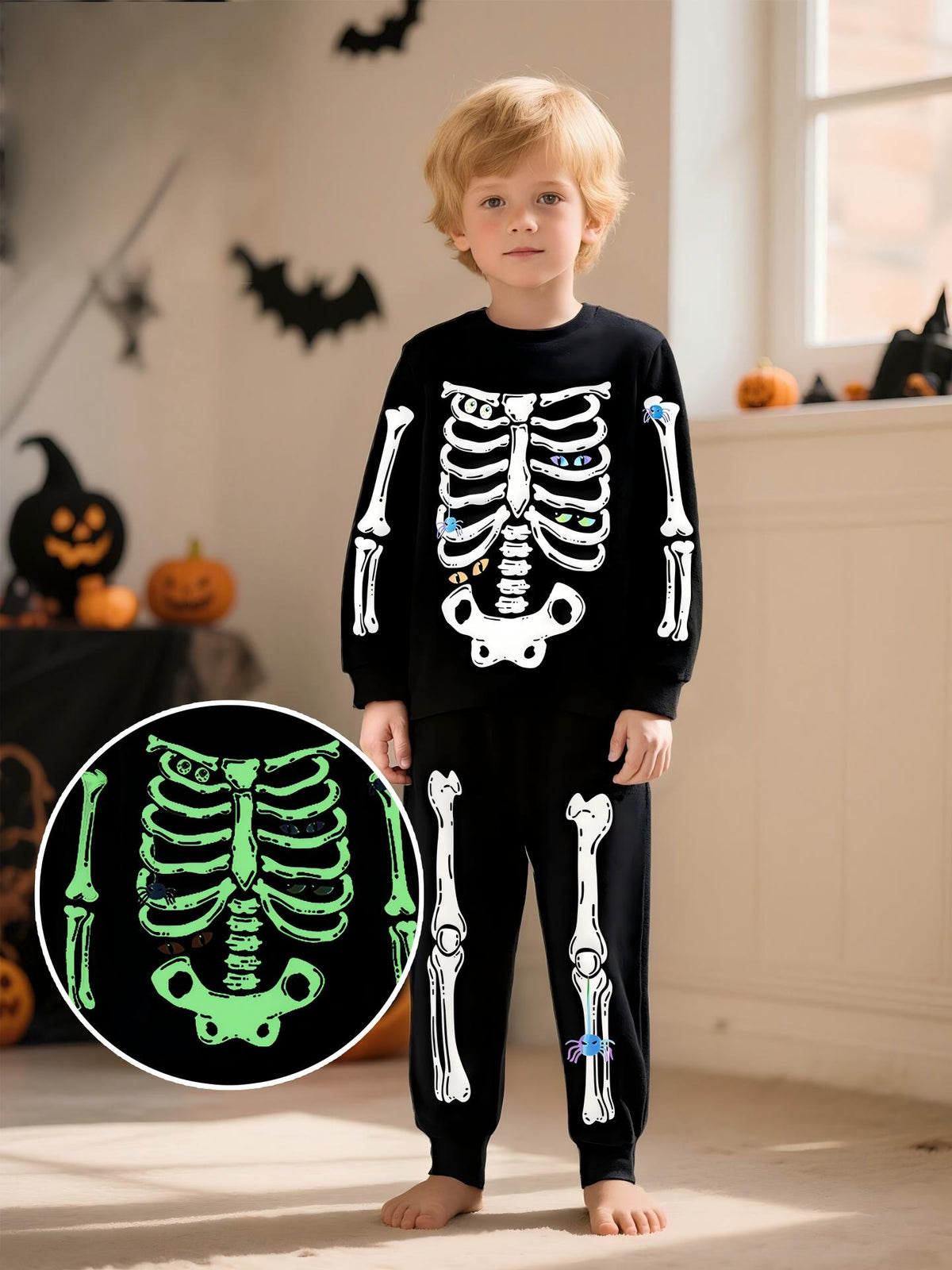 [WHOLESALE ONLY - CONTACT TO ORDER] Kids Unisex Glow-in-the-Dark Spooky Skeleton Eyes Cotton Pajama Set (Classic Black) [KW-237]