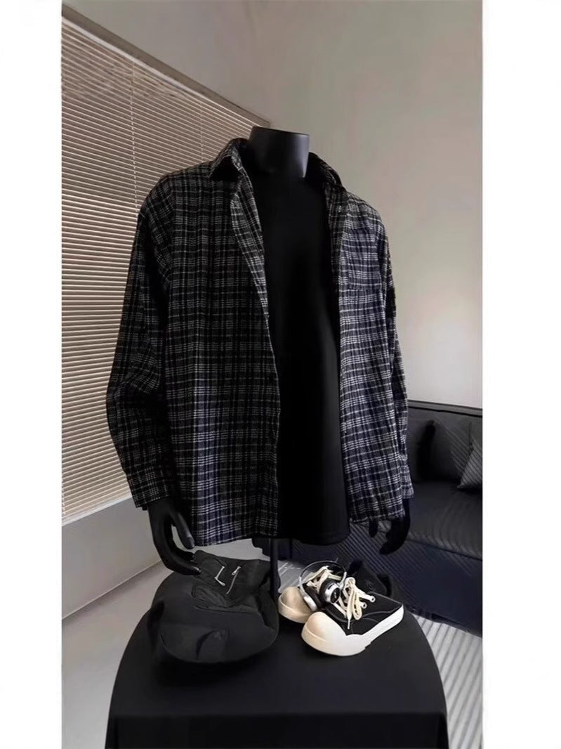 Men’s Brushed Plaid Shirt – Brown Check Layering Piece, Casual Relaxed Fit[NA-006]