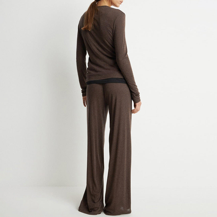 [WHOLESALE ONLY - CONTACT TO ORDER] Women's Cotton Blend 2-Piece Ultra-Soft Long-Sleeve Crewneck Top & Wide-Leg Pants Lounge Set (Heather Brown) [AW-567]