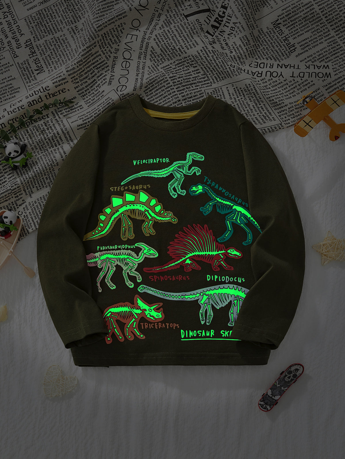 [WHOLESALE ONLY - CONTACT TO ORDER] Boys 100% Combed Cotton Glow-in-the-Dark Dinosaur Skeleton Long Sleeve T-Shirt (Army Green) [KW-236]