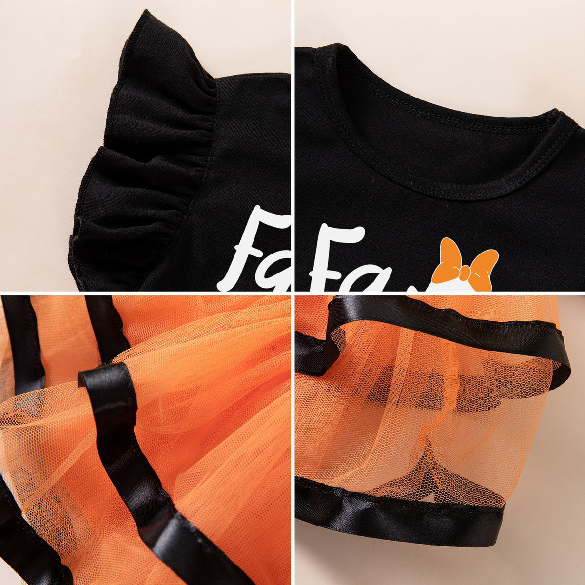 [WHOLESALE ONLY - CONTACT TO ORDER] Toddler Girls Premium 95% Cotton Halloween Ruffle Top & Orange Tutu Skirt 3-Piece Set (Fa-BOO-lous / Spooky Pumpkin) [KW-212]