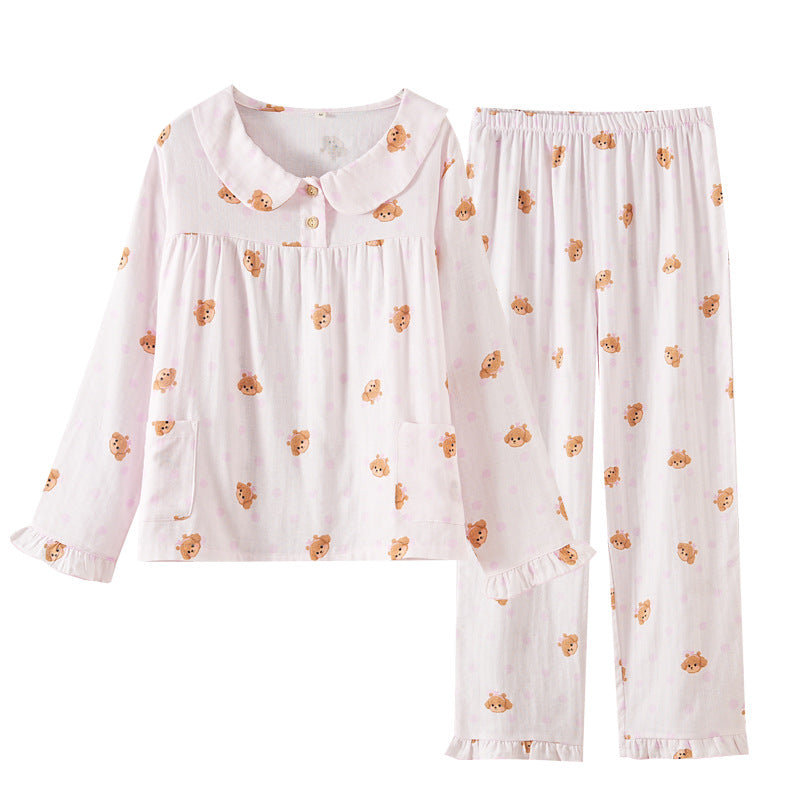 [WHOLESALE ONLY - CONTACT TO ORDER] Women's 100% Cotton Double Gauze Peter Pan Collar Long Sleeve Pajama Set (Puppy Print) [AW-388]