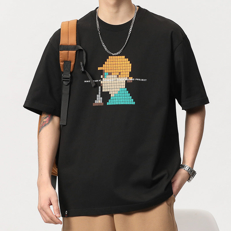 [WHOLESALE ONLY - CONTACT TO ORDER] Unisex Relaxed Fit Heavyweight 100% Combed Cotton Pixel Art Character Graphic Short Sleeve T-Shirt (Jet Black) [AW-286]
