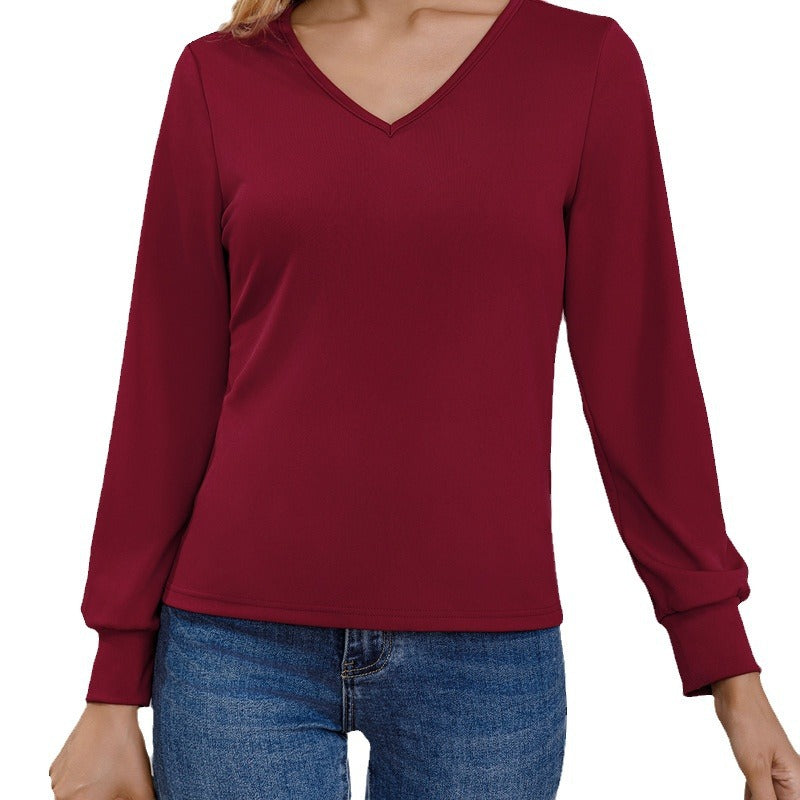 [WHOLESALE ONLY - CONTACT TO ORDER] Women's Elegant V-Neck Long Sleeve Top with Cuffed Sleeves (Burgundy) - Catalog Display Only (Do Not Order Directly)