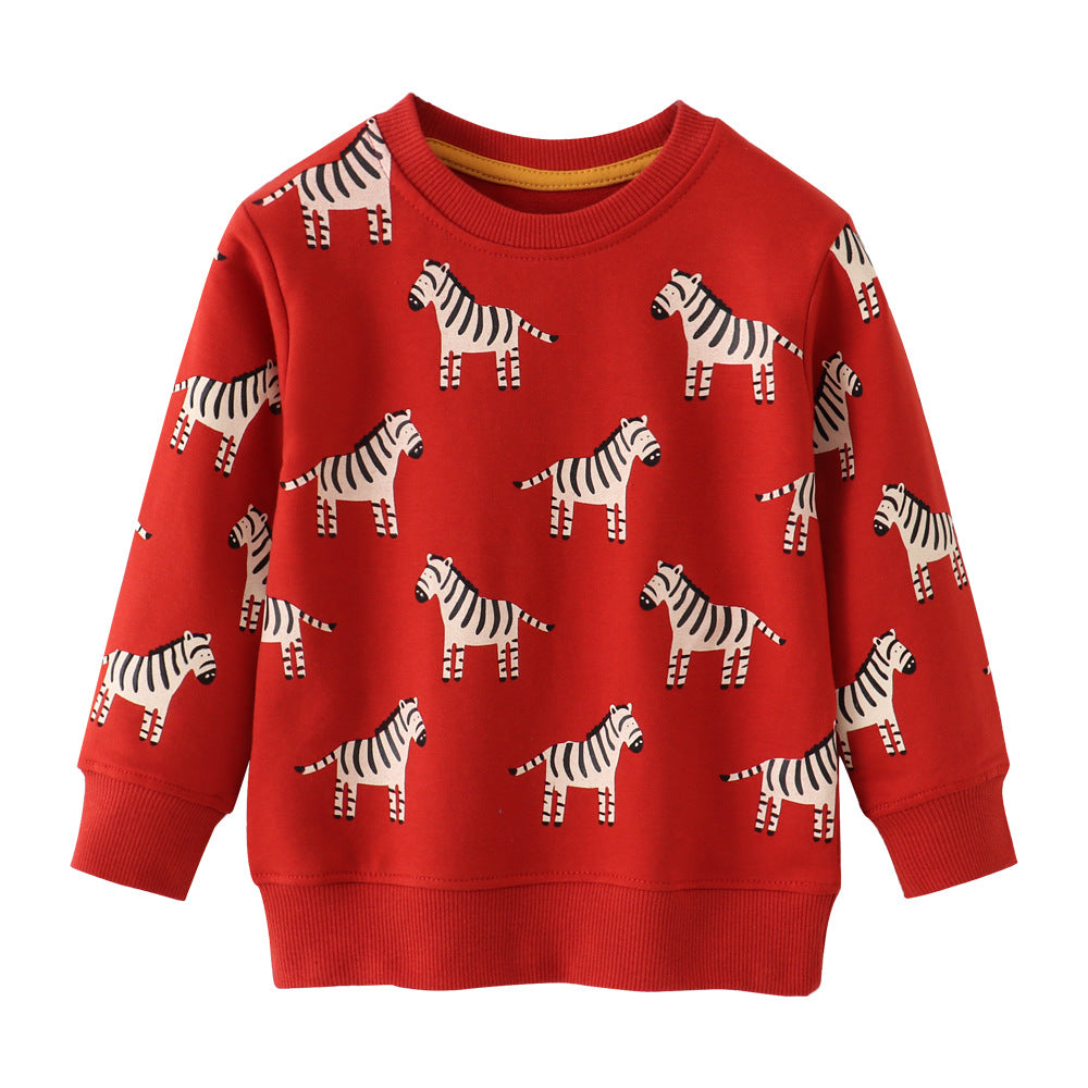 [WHOLESALE ONLY - CONTACT TO ORDER] Kids Unisex Heavyweight 80% Cotton French Terry Zebra All-Over Print Crewneck Sweatshirt (Festive Red) [KW-178]