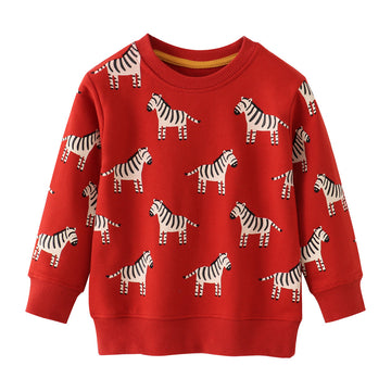 [WHOLESALE ONLY - CONTACT TO ORDER] Kids Unisex Heavyweight 80% Cotton French Terry Zebra All-Over Print Crewneck Sweatshirt (Festive Red) [KW-178]