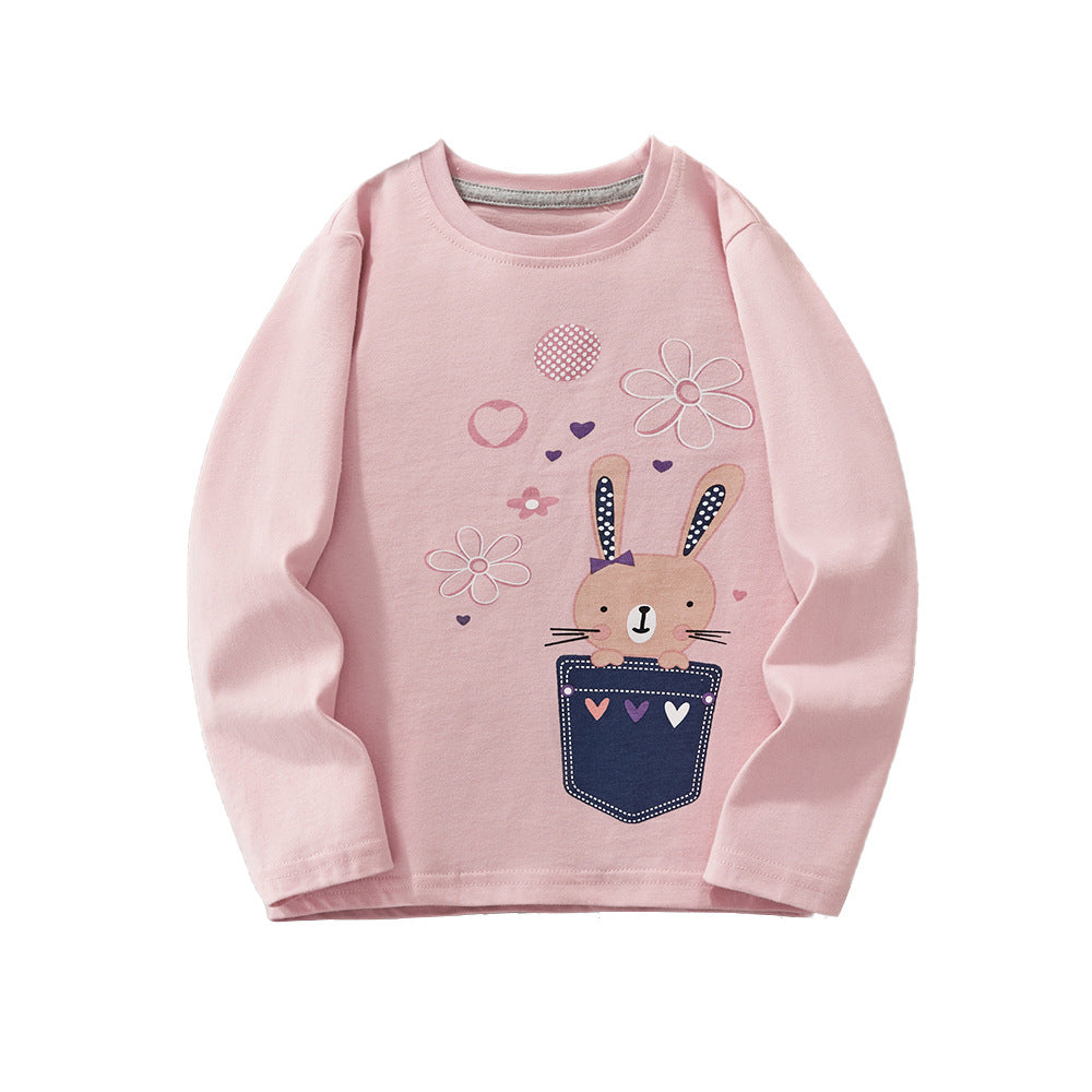 [WHOLESALE ONLY - CONTACT TO ORDER] Toddler & Girls 100% Combed Cotton Pocket Bunny Floral Long Sleeve T-Shirt (Pastel Pink) [KW-241]