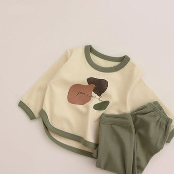 [WHOLESALE ONLY - CONTACT TO ORDER] Toddler & Kids Combed Cotton Abstract Earth Print Contrast Trim Top & Pants 2-Piece Pajama Set (Cream/Sage Green) [KW-272]