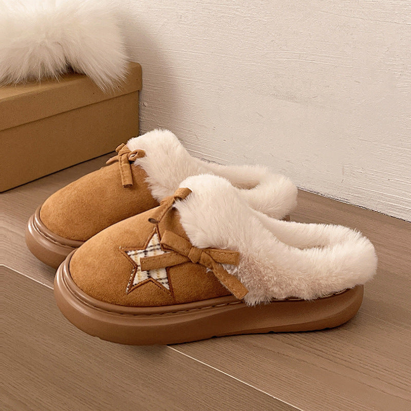 [WHOLESALE ONLY - CONTACT TO ORDER] Women's Suede Fleece Platform Clog Slippers with Bow & Plaid Star Embroidery (Chestnut Brown) [FM-121]