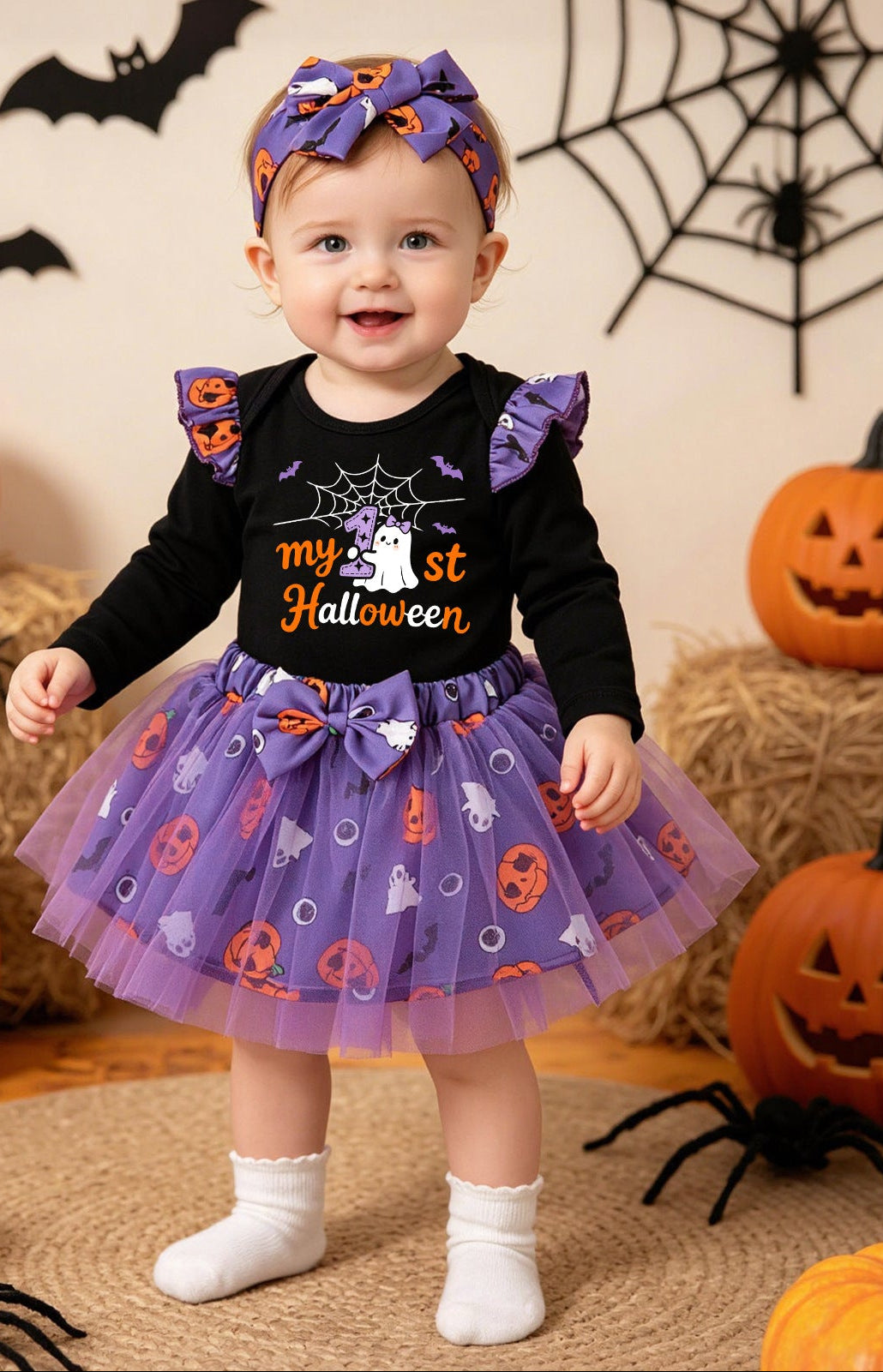 [WHOLESALE ONLY - CONTACT TO ORDER] Baby Girls 95% Combed Cotton Ruffle Long Sleeve "My 1st Halloween" Bodysuit & Purple Tulle Tutu Skirt 3-Piece Set with Headband (Black & Purple) [KW-229]