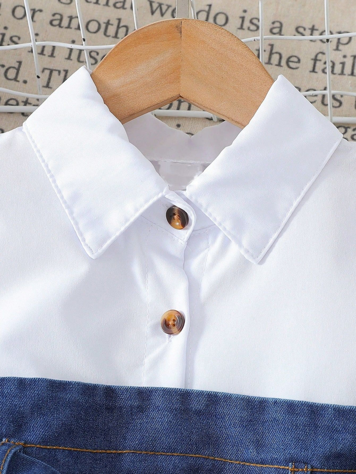 [WHOLESALE ONLY - CONTACT TO ORDER] Toddler Girls Preppy 80% Cotton 2-in-1 White Lapel Shirt and Belted Denim A-Line Dress (White & Denim Blue) [KW-184]