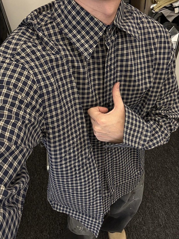 [WHOLESALE ONLY - CONTACT TO ORDER] Unisex Relaxed Fit 100% Cotton Yarn-Dyed Check Long Sleeve Button-Down Shirt (Navy & Khaki) [AW-274]